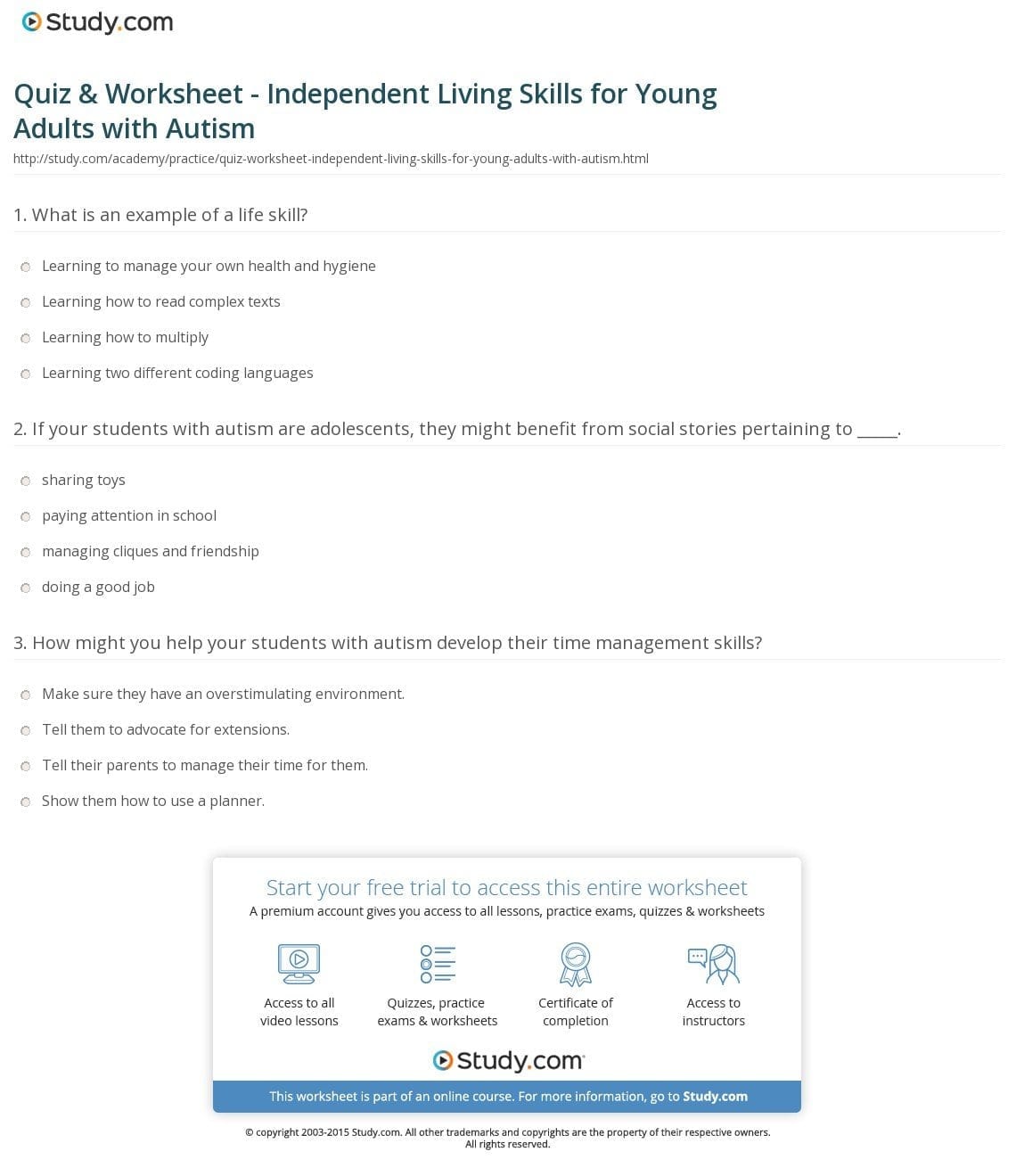 Quiz  Worksheet  Independent Living Skills For Young Regarding Independent Living Skills Worksheets