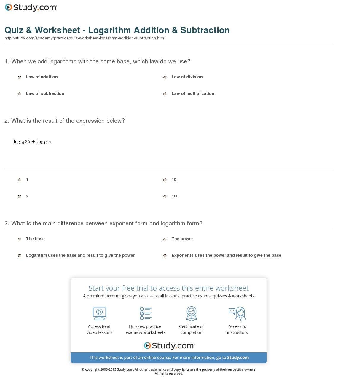 Quiz  Worksheet  Logarithm Addition  Subtraction  Study Within Laws Of Logarithms Worksheet