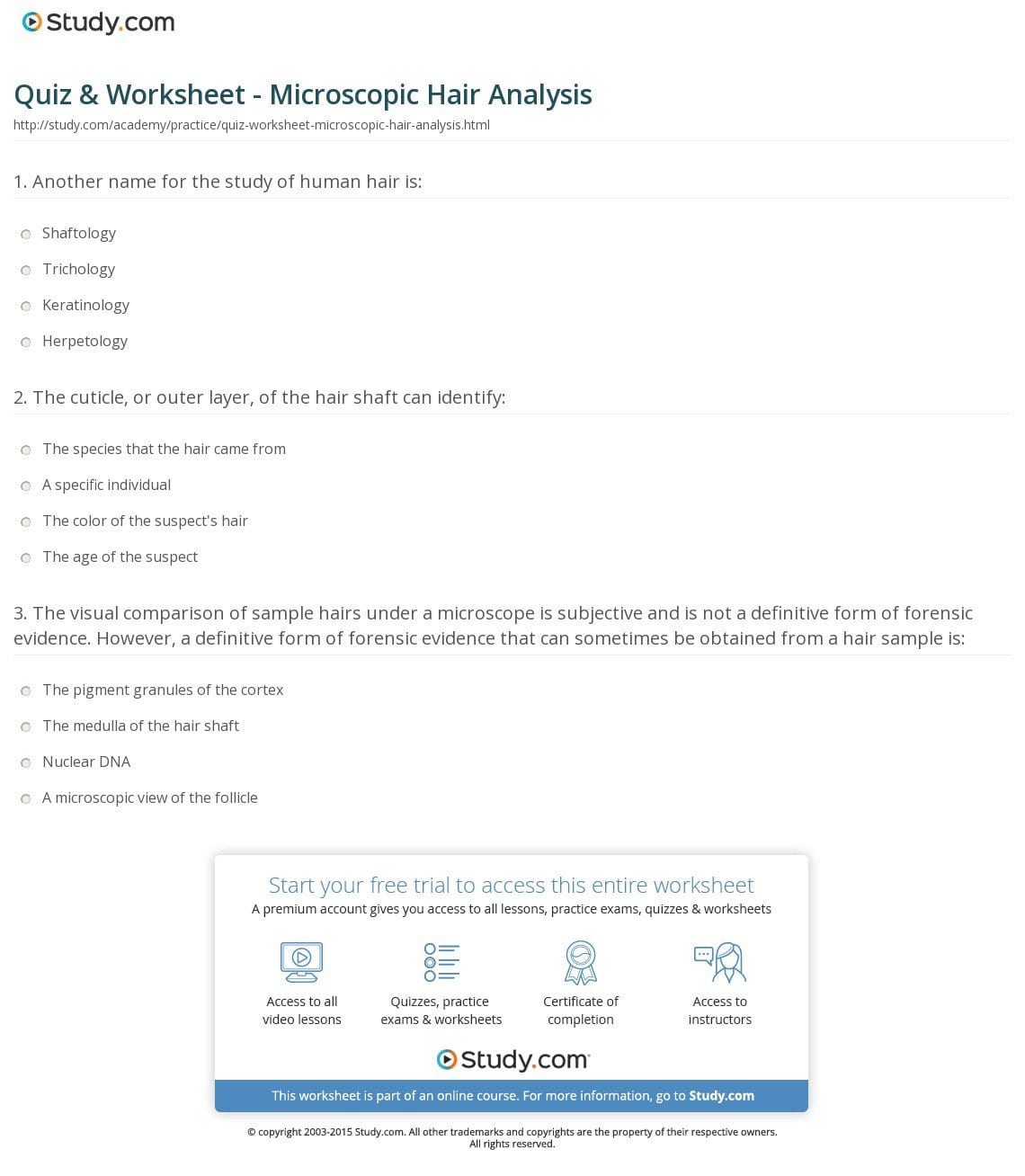 Quiz  Worksheet  Microscopic Hair Analysis  Study Throughout Forensic Hair Analysis Worksheet