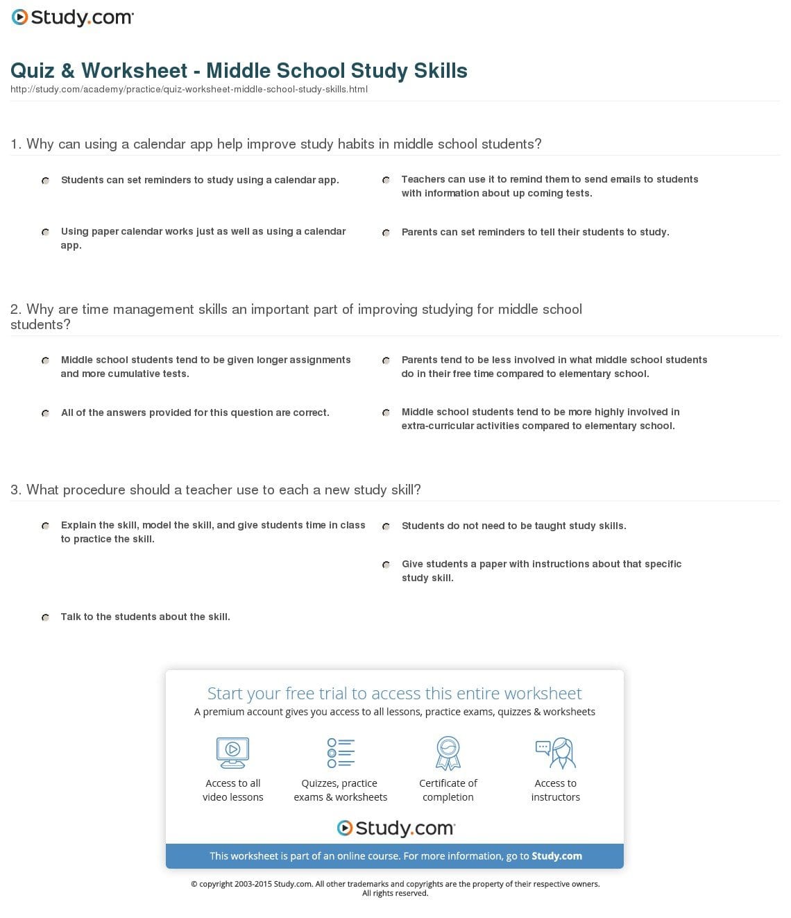 Quiz  Worksheet  Middle School Study Skills  Study Pertaining To Study Skills Worksheets