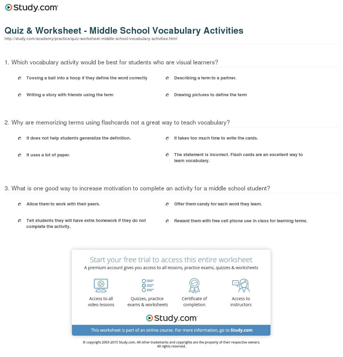 Quiz  Worksheet  Middle School Vocabulary Activities Throughout Vocabulary Worksheets Middle School