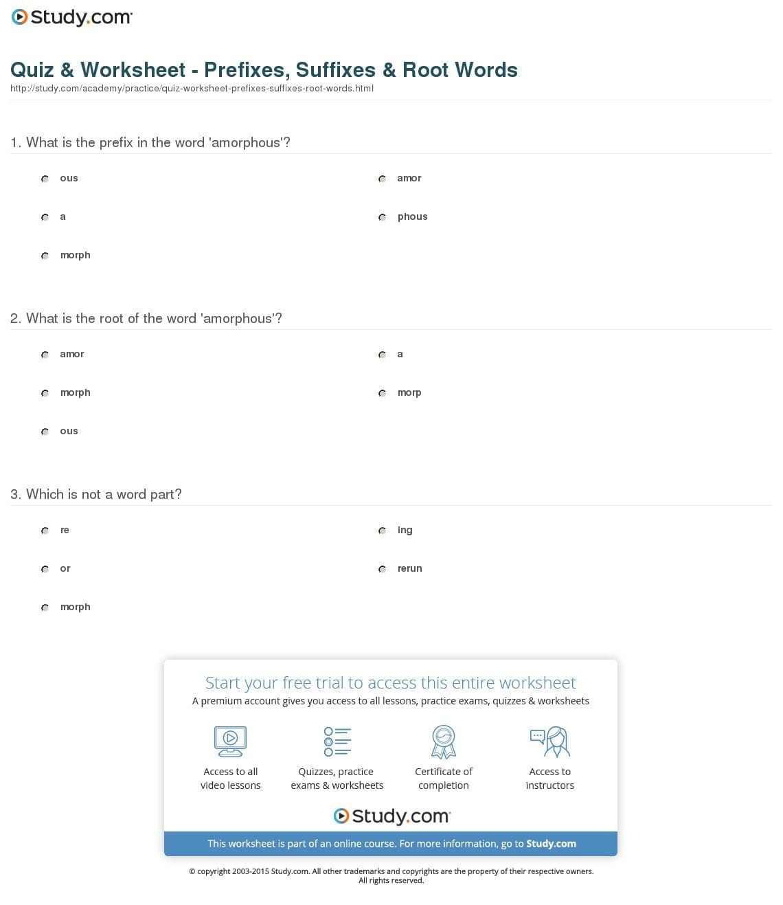 Quiz  Worksheet  Prefixes Suffixes  Root Words  Study Within Root Words Worksheet