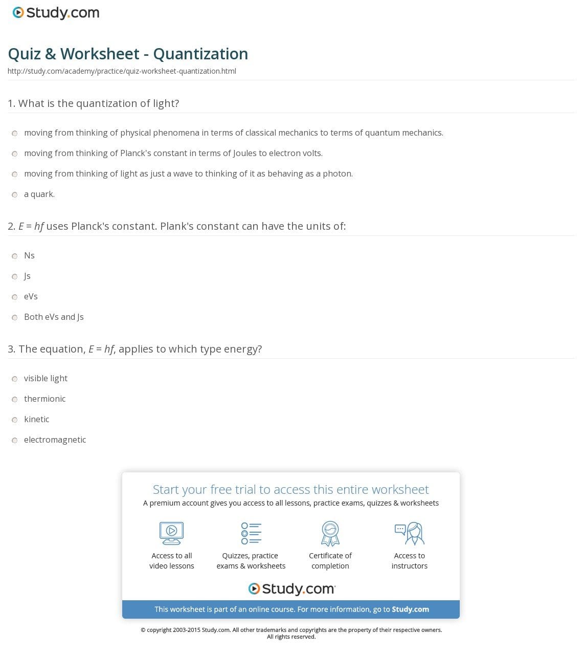Quiz  Worksheet  Quantization  Study As Well As Planck Equation Chem Worksheet 5 2 Answer Key