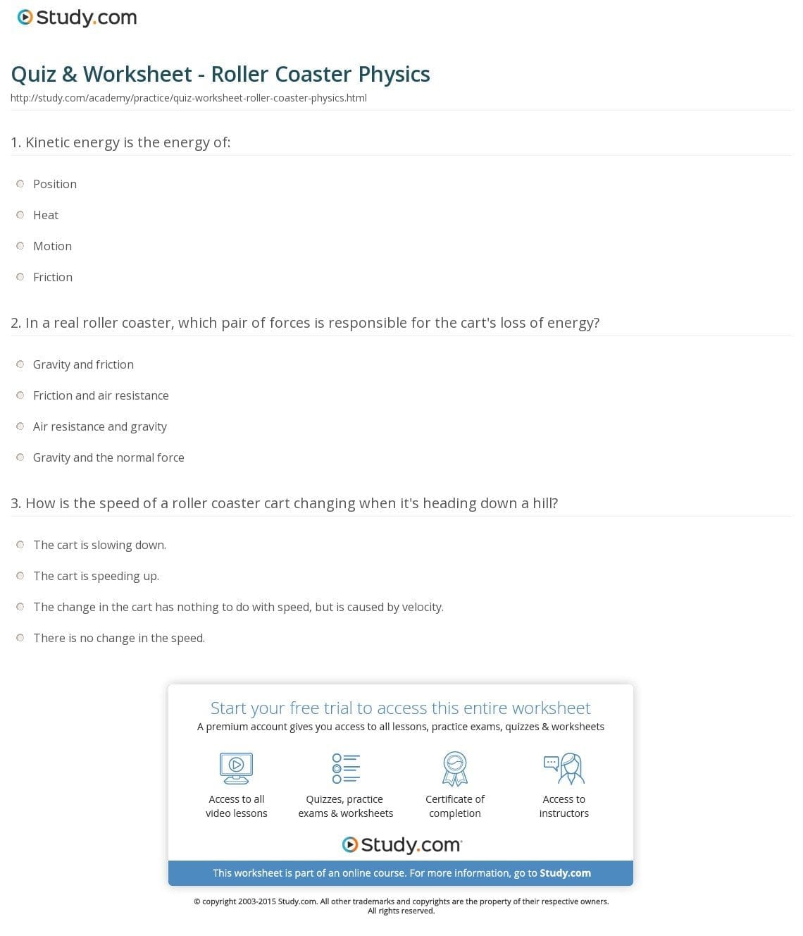 Quiz  Worksheet  Roller Coaster Physics  Study And Roller Coaster Physics Worksheet Answers