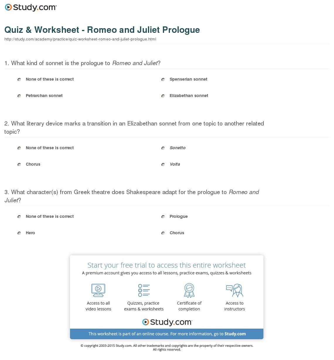 Quiz  Worksheet  Romeo And Juliet Prologue  Study With Regard To Romeo And Juliet The Prologue Worksheet