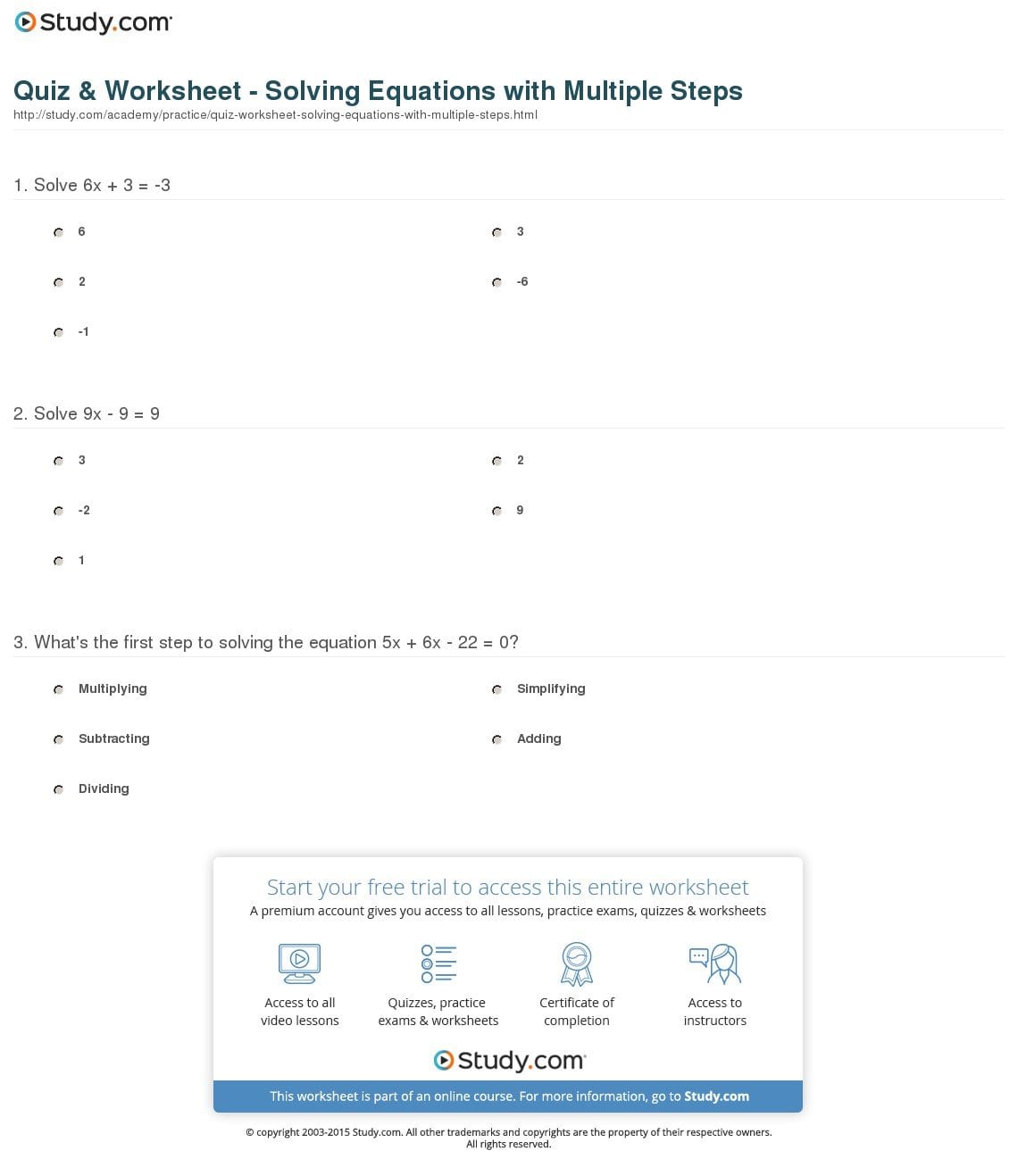 Quiz  Worksheet  Solving Equations With Multiple Steps Throughout Na 1St Step Worksheets