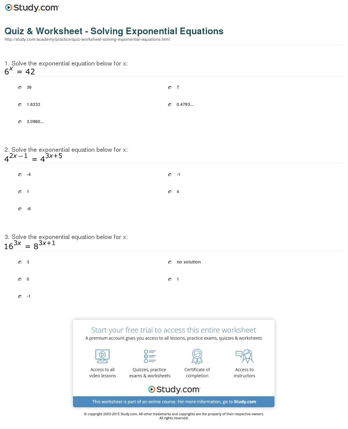 Quiz  Worksheet  Solving Exponential Equations  Study And Solving Exponential Equations With Logarithms Worksheet Answers