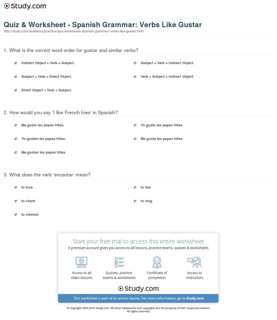 Quiz  Worksheet  Spanish Grammar Verbs Like Gustar Pertaining To Gustar Worksheet Spanish 1