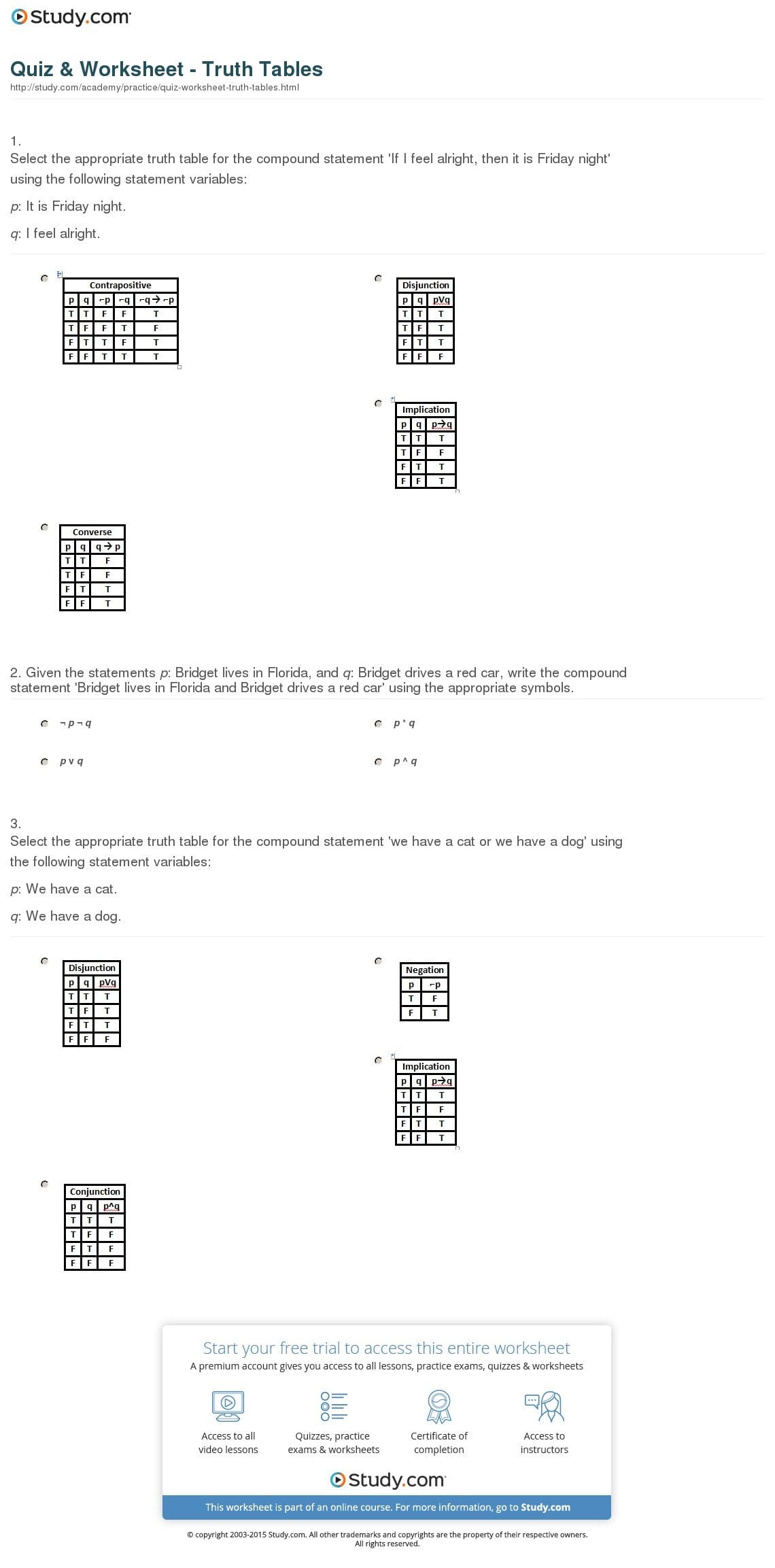 Quiz  Worksheet  Truth Tables  Study Or Truth Table Worksheet With Answers