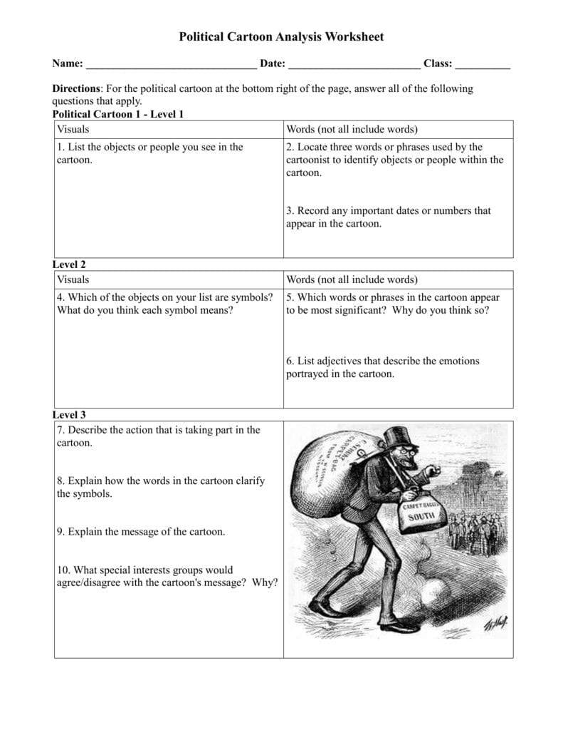 Reconstruction Political Cartoons Questions With Cartoon Analysis Worksheet Answers