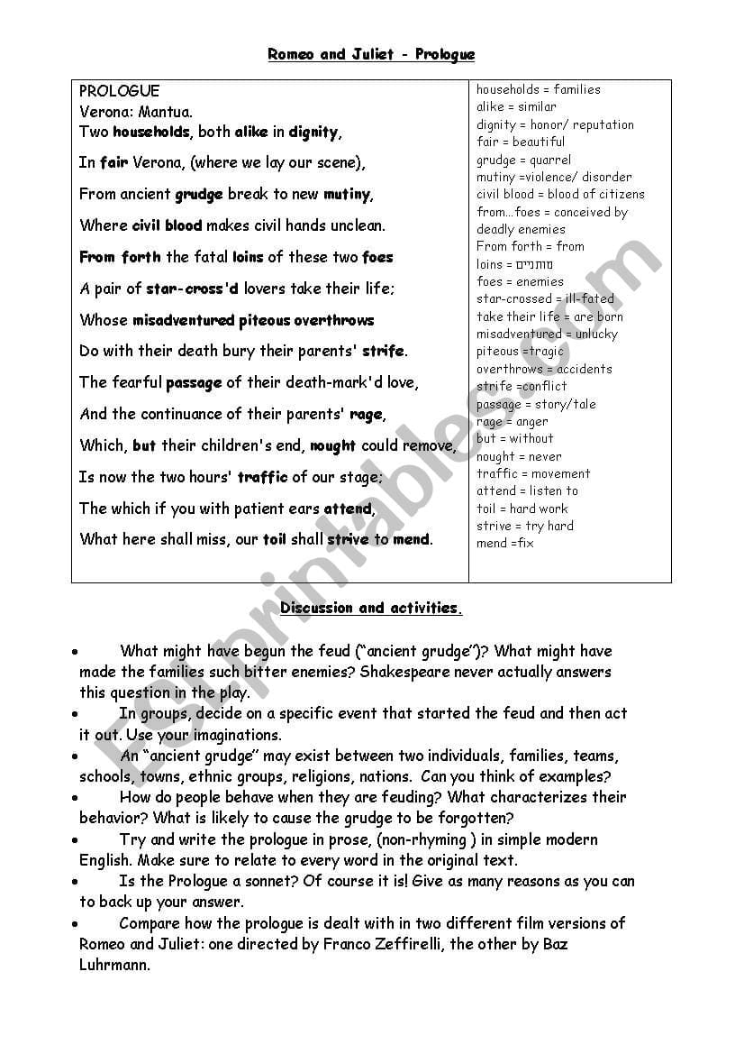 Romeo And Juliet Prologue Worksheet  Esl Worksheet Intended For Romeo And Juliet The Prologue Worksheet