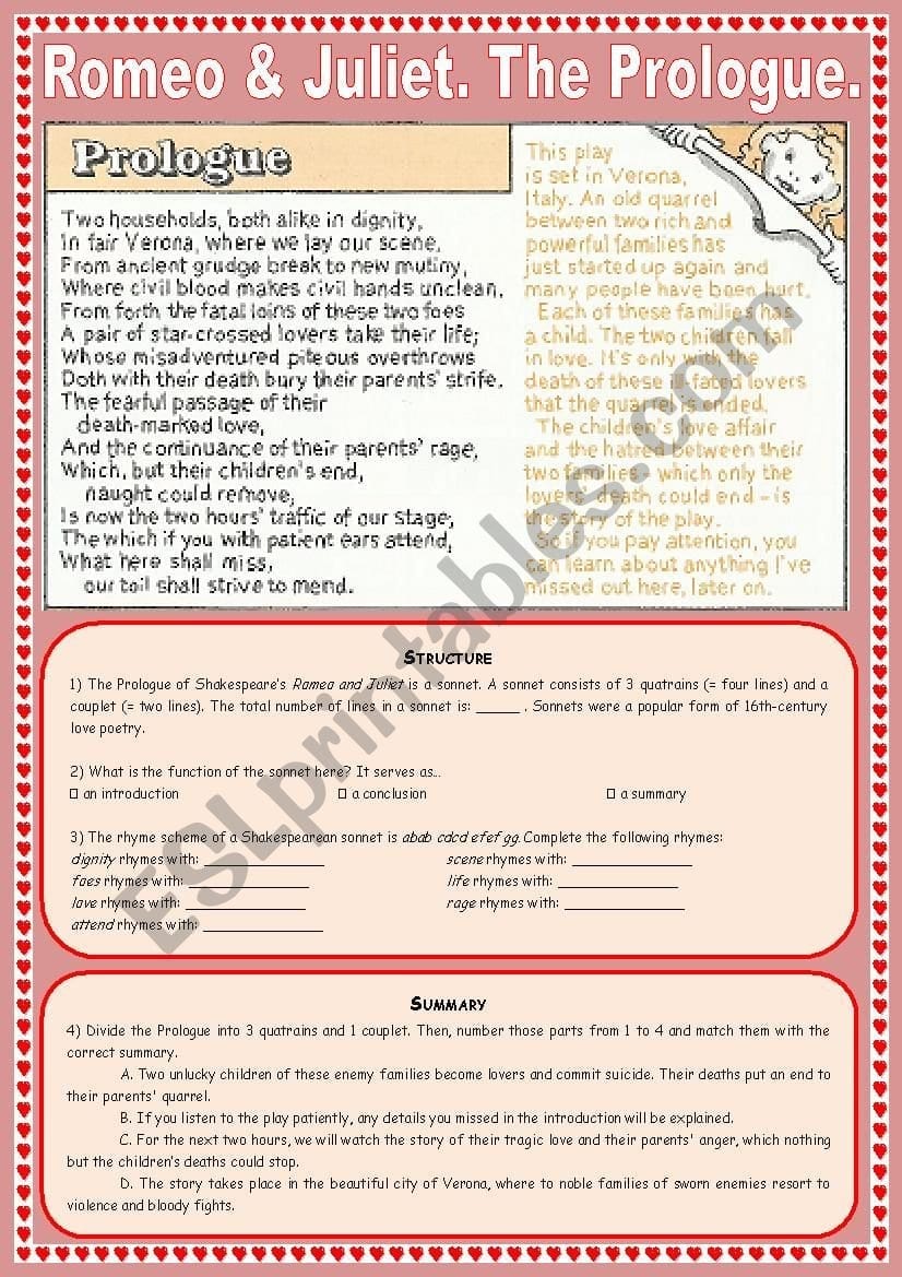 Romeo And Juliet The Prologue 2 Pages  Esl Worksheet Regarding Romeo And Juliet The Prologue Worksheet