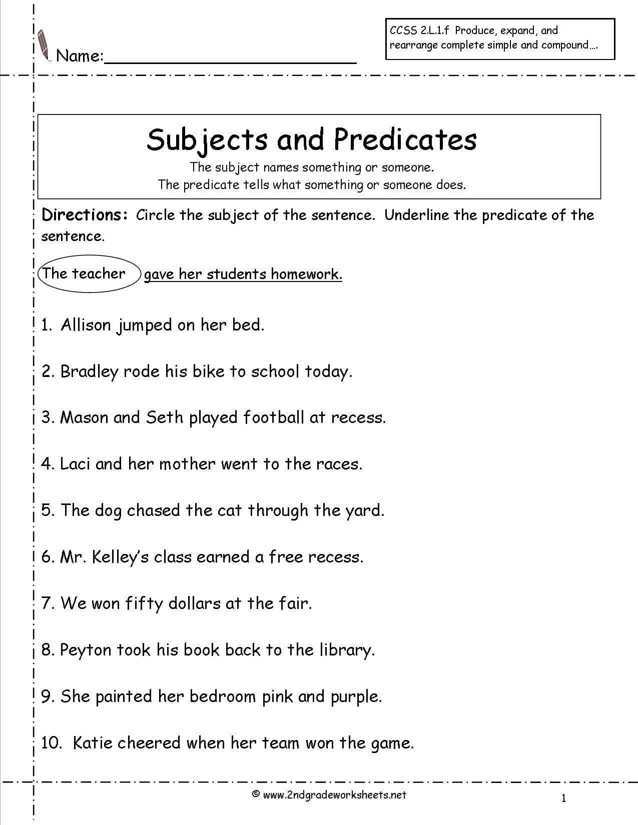 Second Grade Sentences Worksheets Ccss 2L1F Worksheets With Simple Subject And Predicate Worksheets
