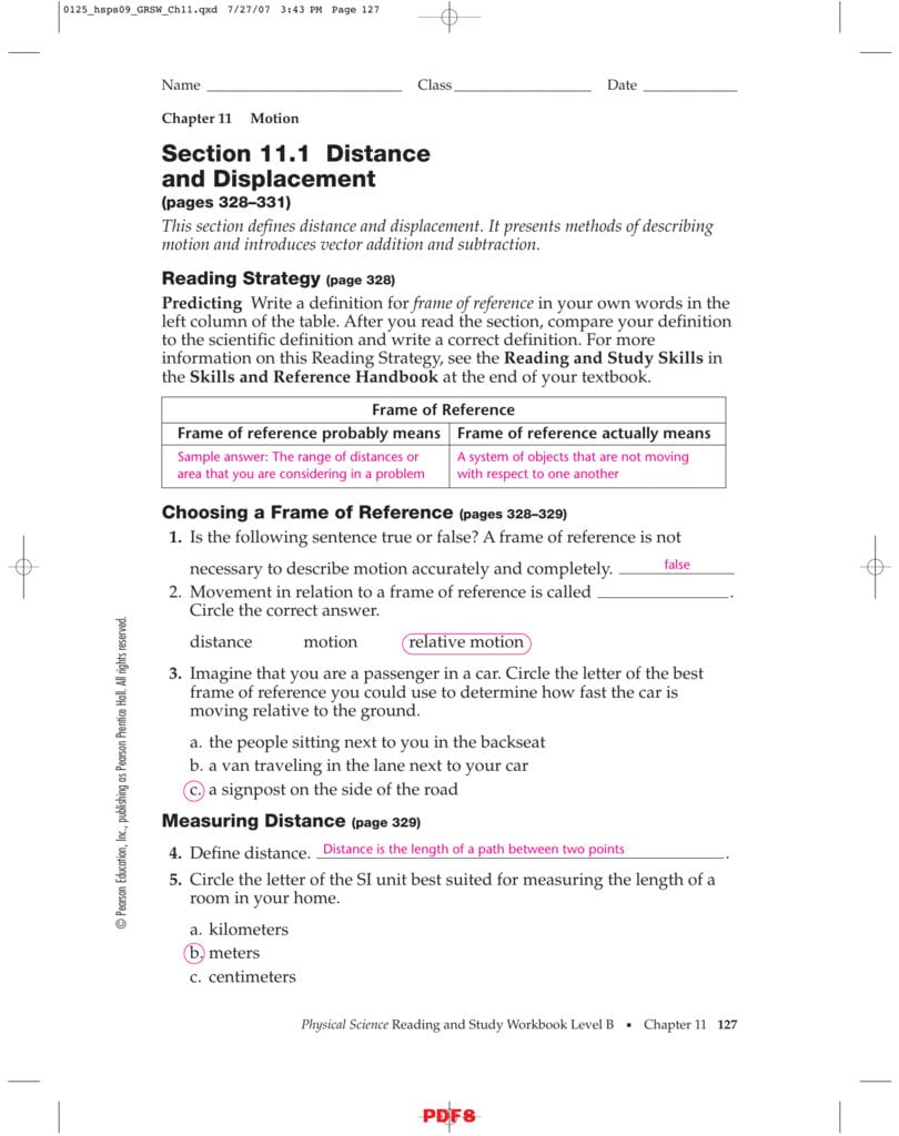 Section 111 Distance And Displacement Ipls For Distance And Displacement Worksheet Answer Key