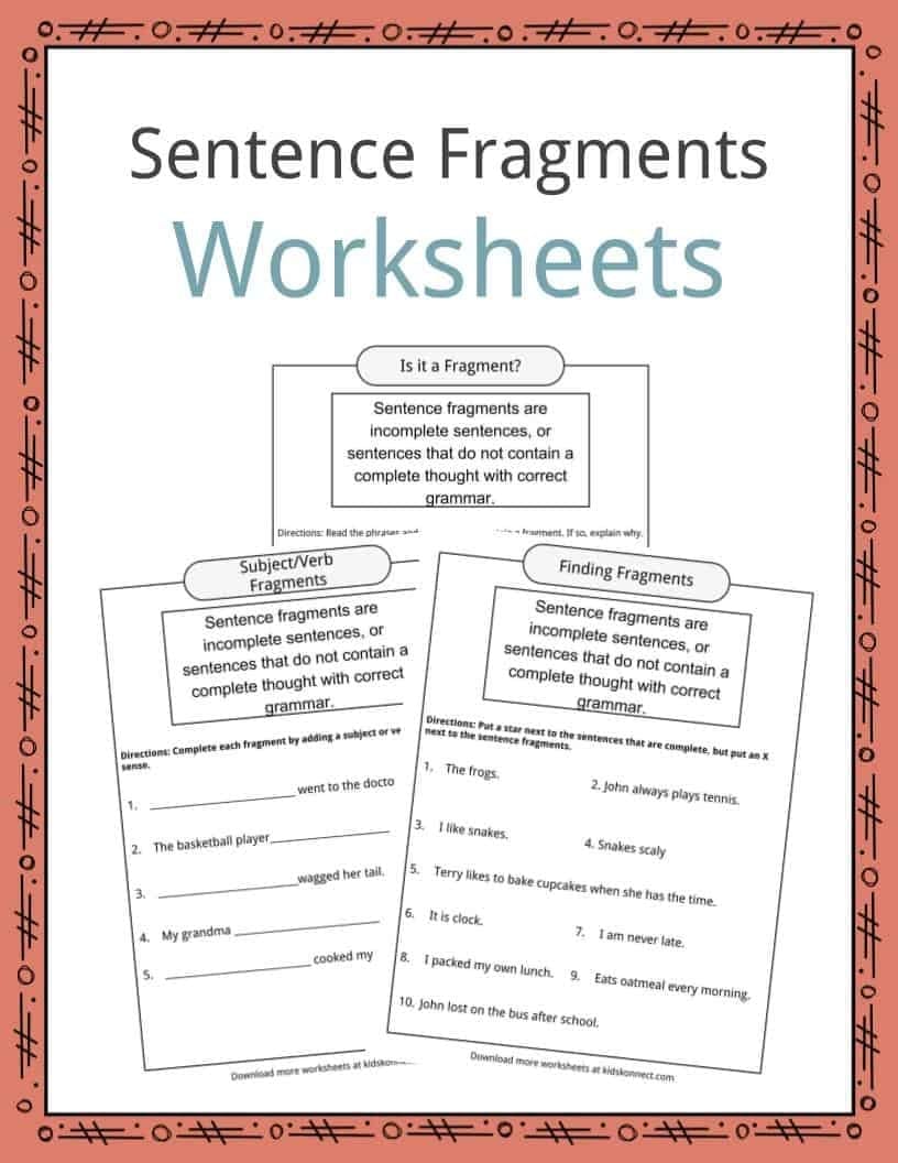 Sentence Fragments Worksheets Examples  Definition For Kids Throughout Sentence And Fragment Worksheet