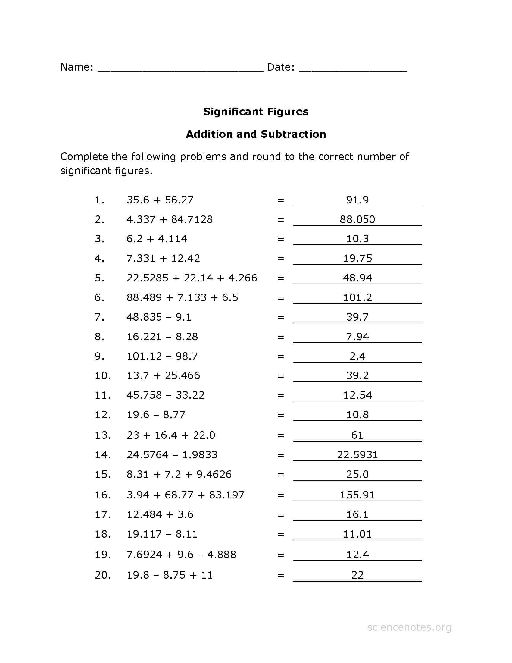 Significant Figures Worksheet Pdf  Addition Practice  Page Or Science Worksheet Answers