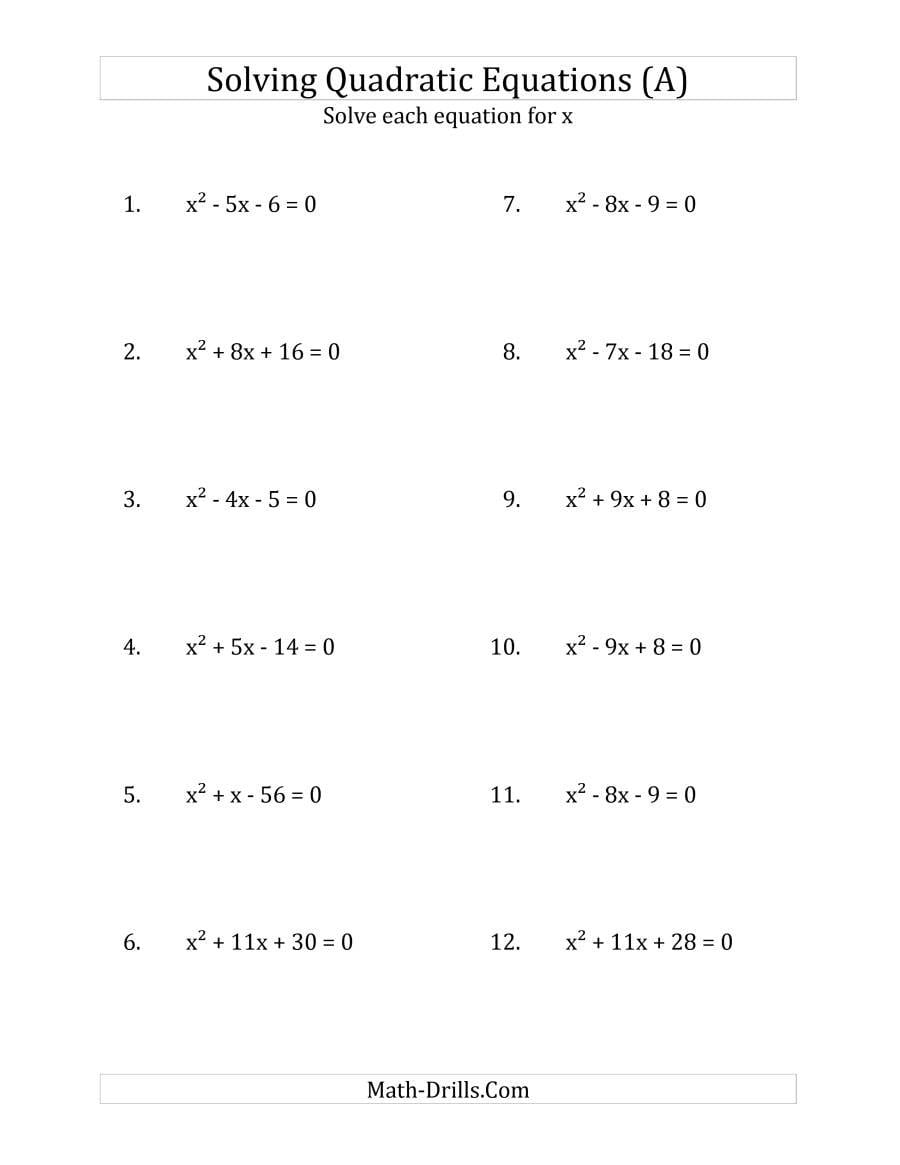 Solving Quadratic Equations For X With 'a' Coefficients Of 1 Regarding Solving Using The Quadratic Formula Worksheet Answer Key