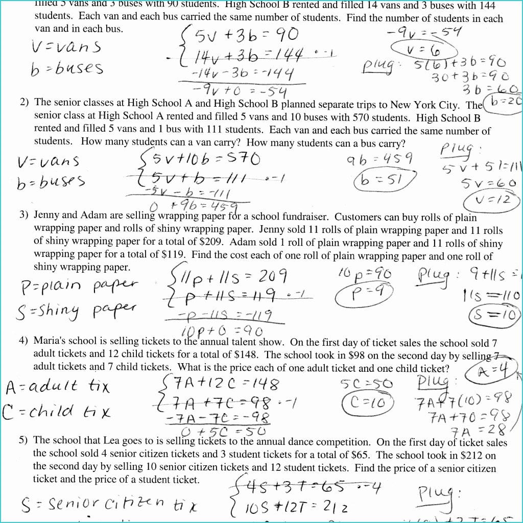 Solving Systems Of Equations Algebraically Answers With Regard To Solving Systems Of Equations Word Problems Worksheet Answers