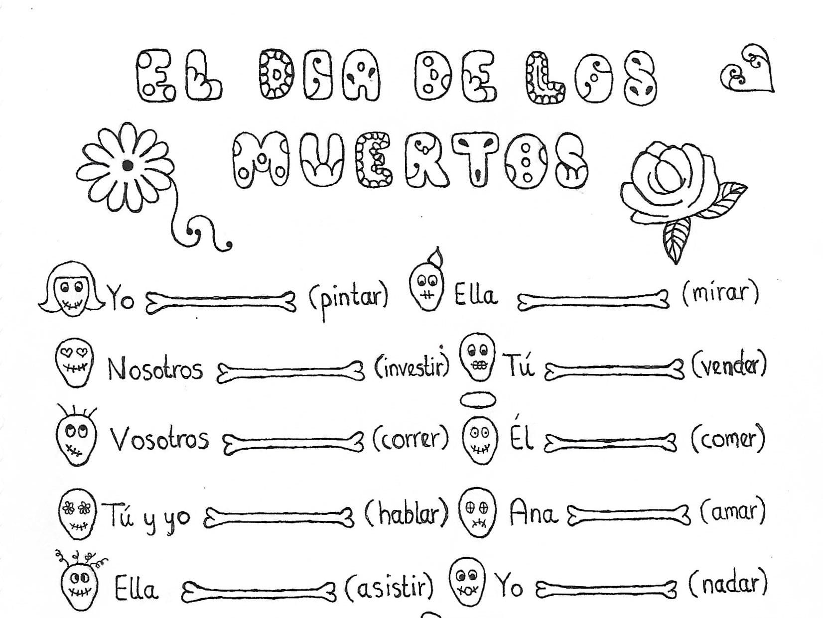 Spanish Day Of The Dead Worksheet To Practice Any Tense Conjugation Pertaining To Spanish Verb Conjugation Practice Worksheets