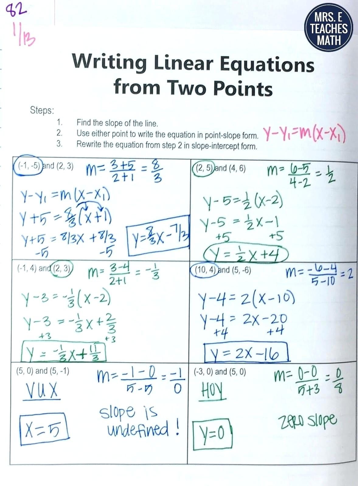 Standard Form Linear Quation Slope In Math Intercept Together With Mrs E Teaches Math Worksheet Answers