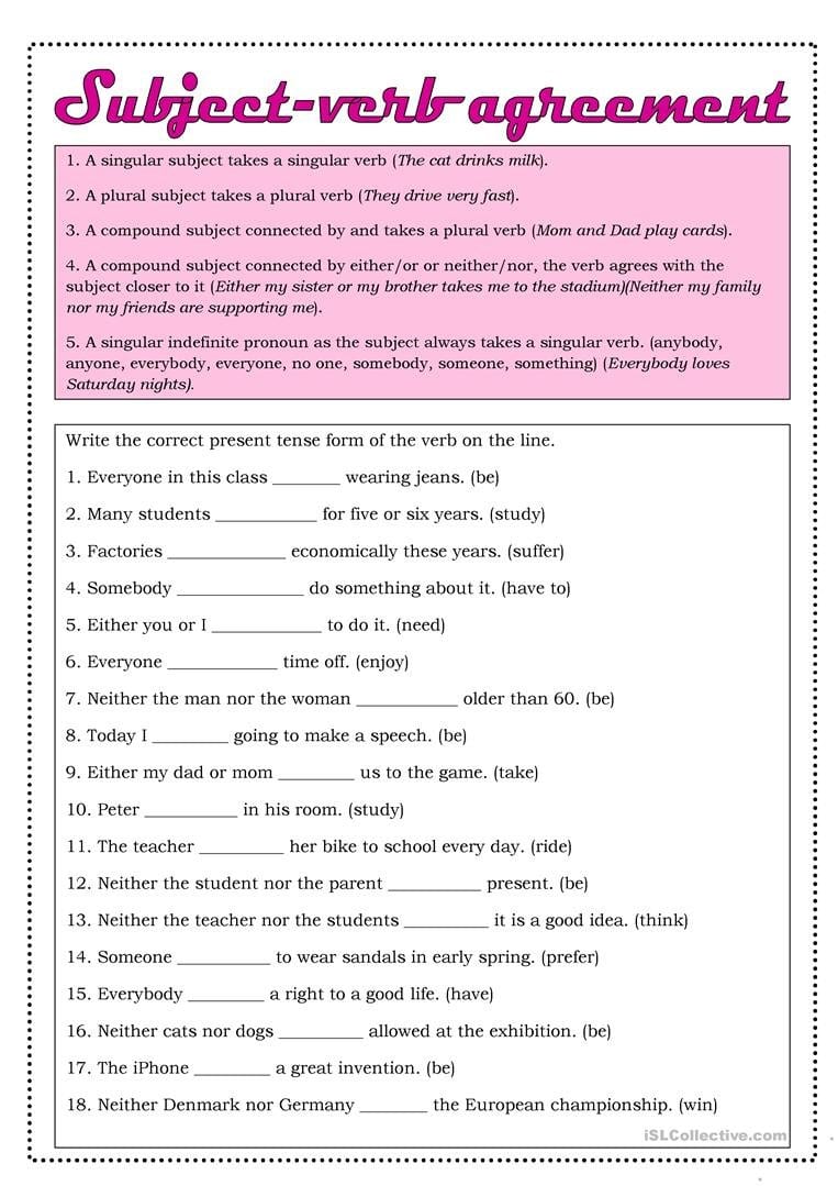 Subjectverb Agreement  English Esl Worksheets For Subject Verb Agreement Practice Worksheets