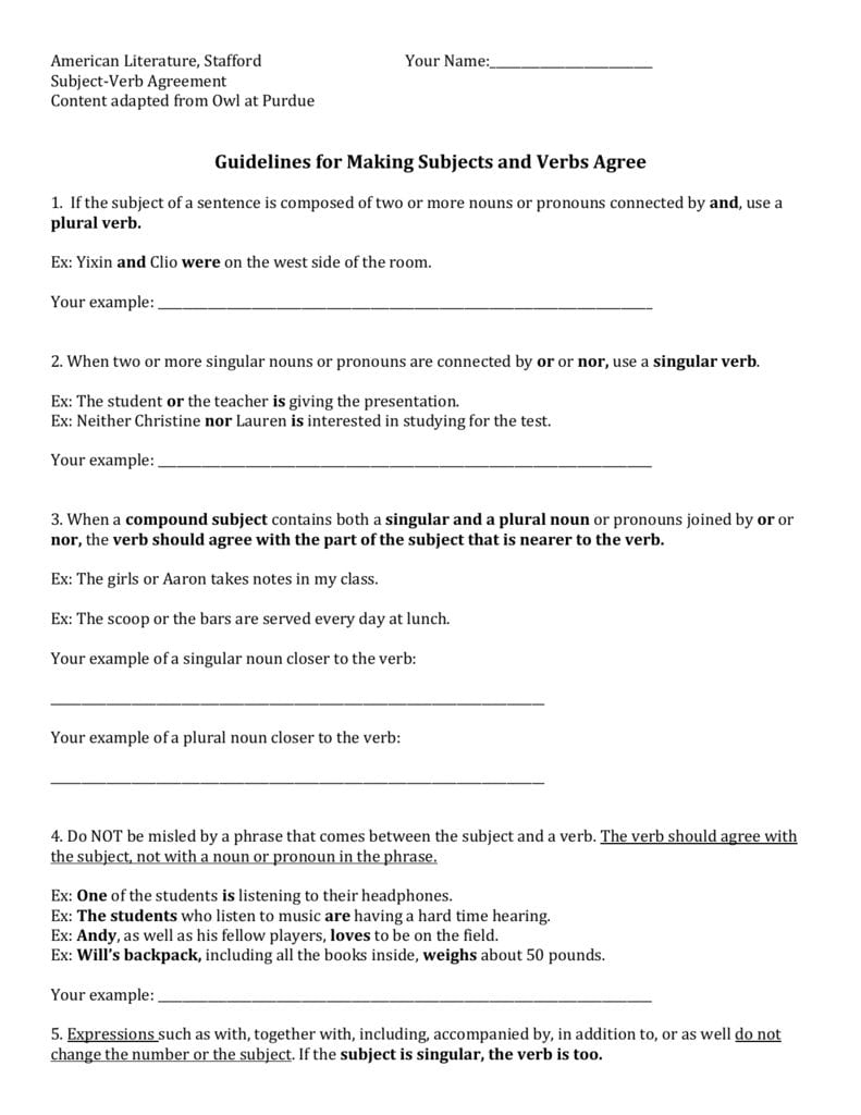 Subjectverb Agreement Worksheet Also Subject Verb Agreement Practice Worksheets