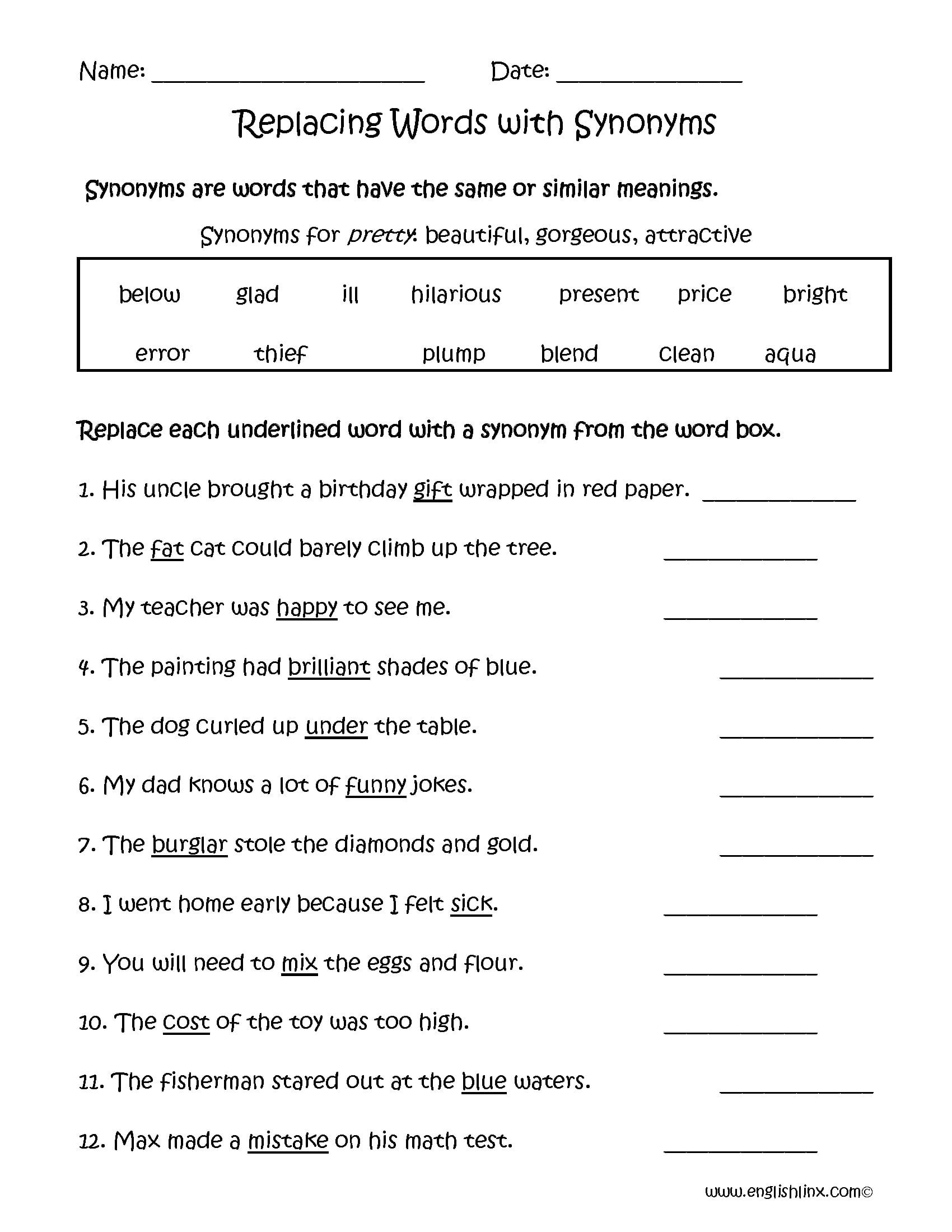 Synonym Replacement Worksheet Throughout 6Th Grade Vocabulary Worksheets Pdf