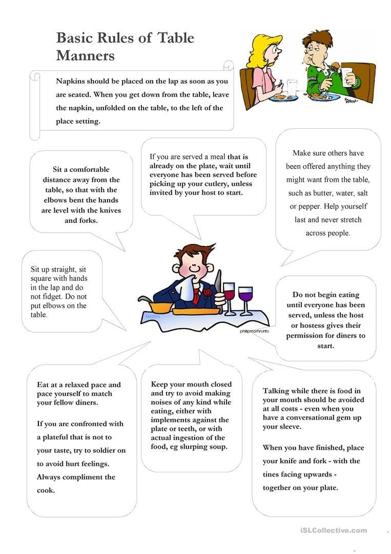 Table Manners  English Esl Worksheets For Table Manners Worksheet