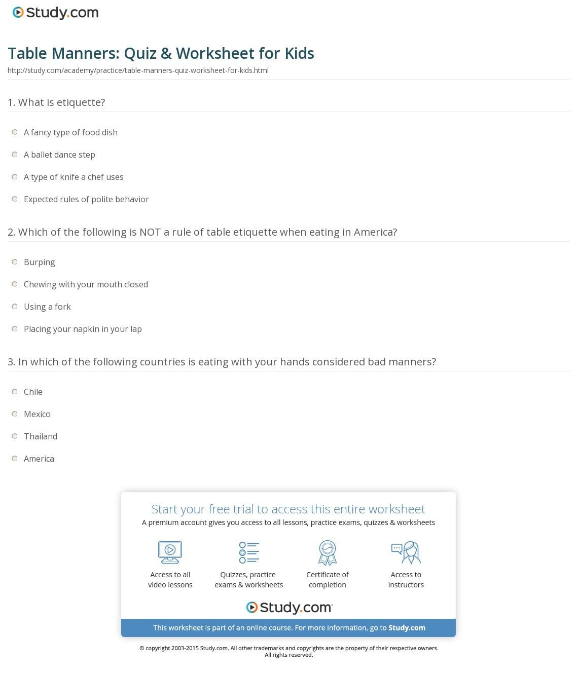 Table Manners Quiz  Worksheet For Kids  Study With Table Manners Worksheet