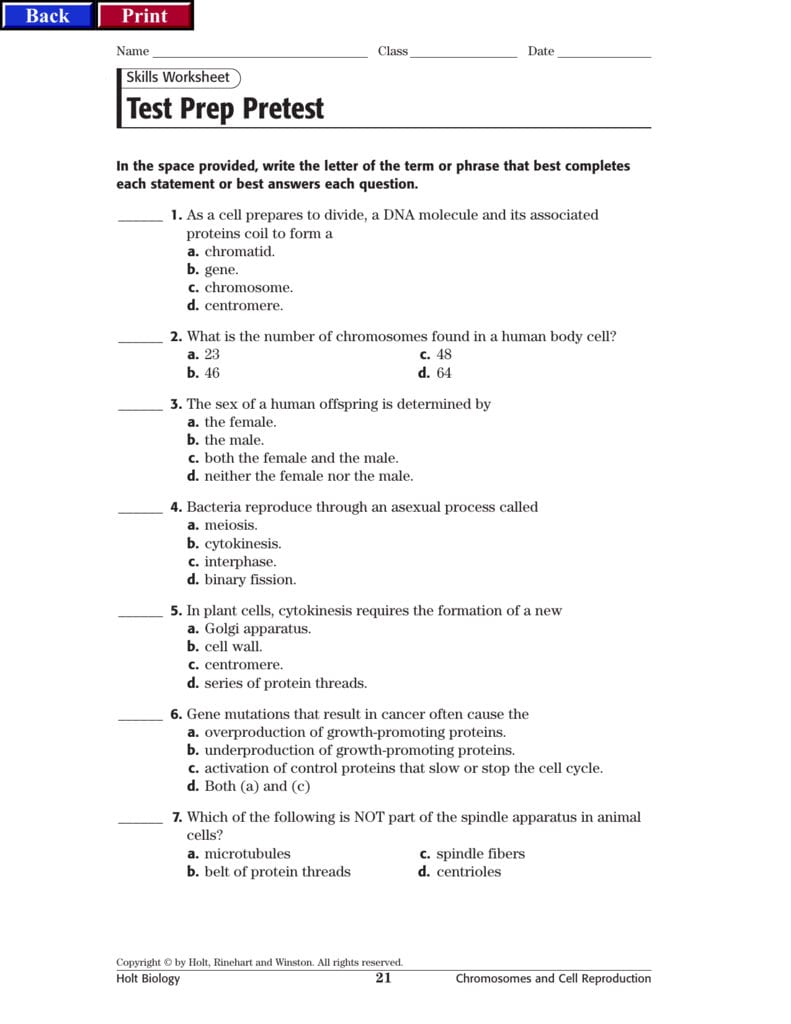 Test Prep Pretest Inside Holt Biology Cells And Their Environment Skills Worksheet Answers