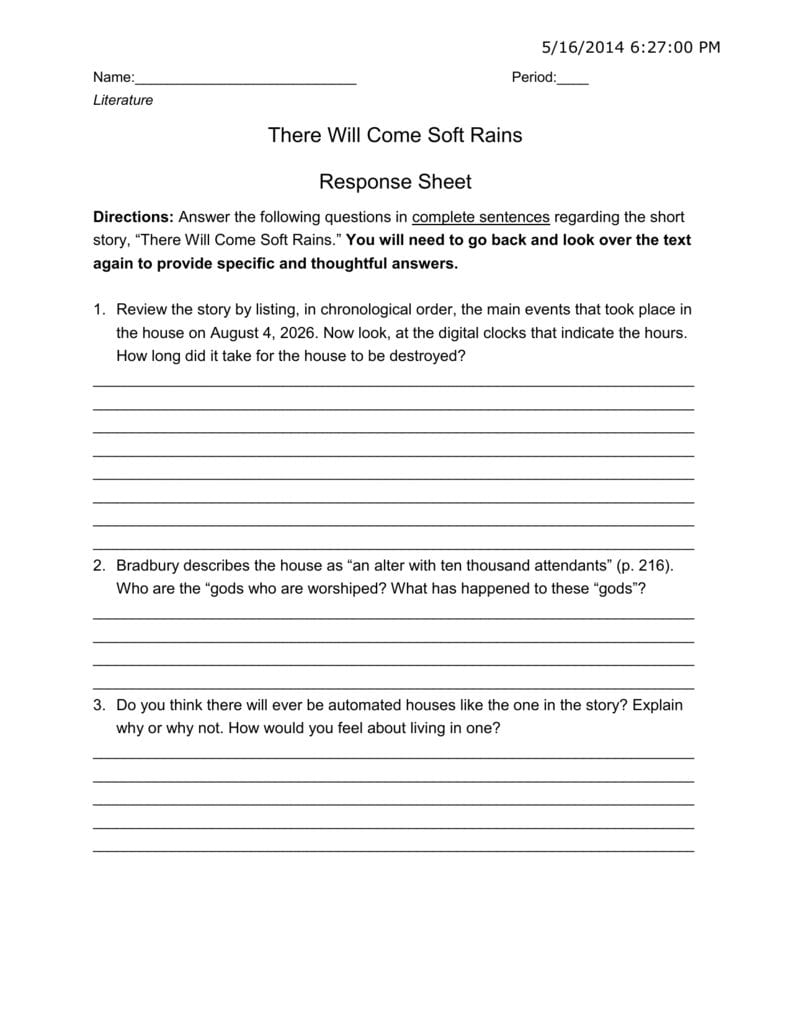 There Will Come Soft Rains Question Response Sheet Together With There Will Come Soft Rains Worksheet Answers