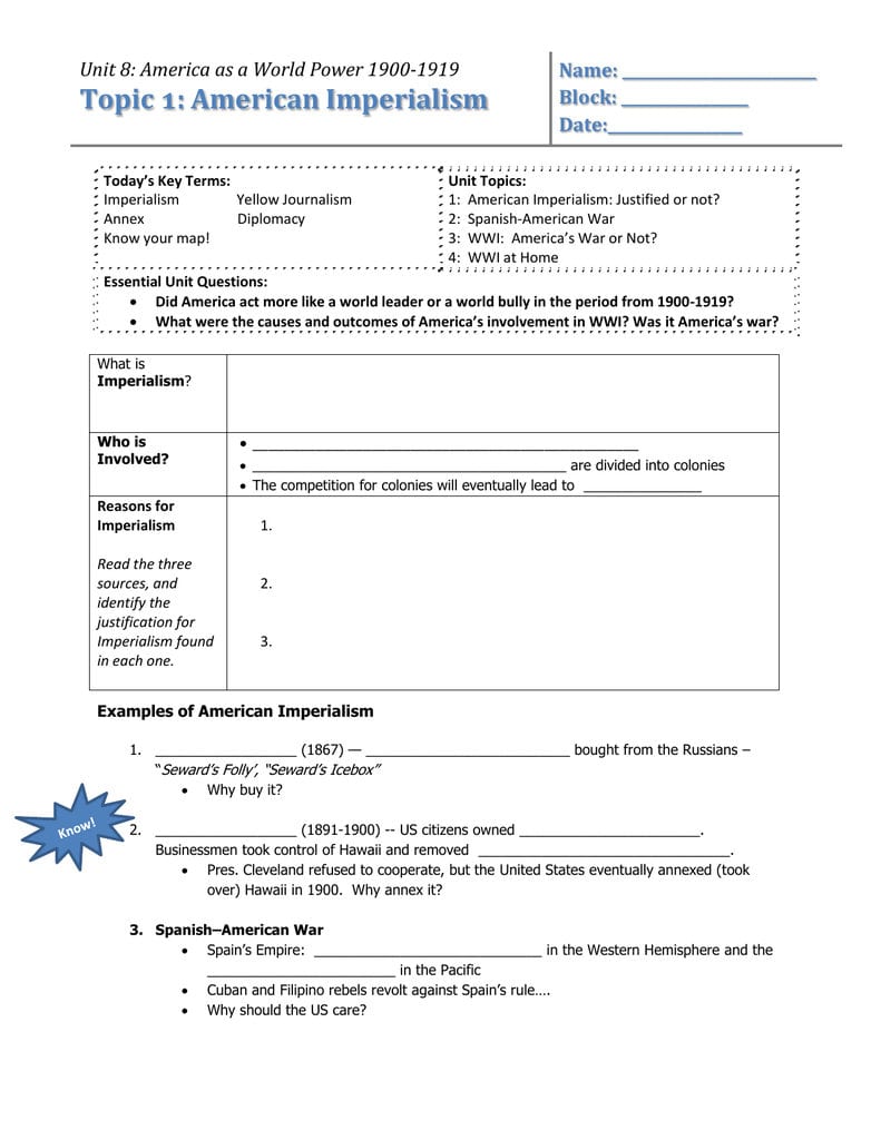 Topic 1 American Imperialism Name Block For American Imperialism Worksheet Answers