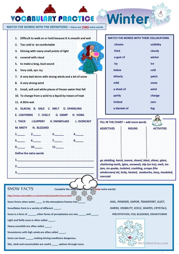 Winter  Vocabulary Practice  English Esl Worksheets Or Vocabulary Practice Worksheets