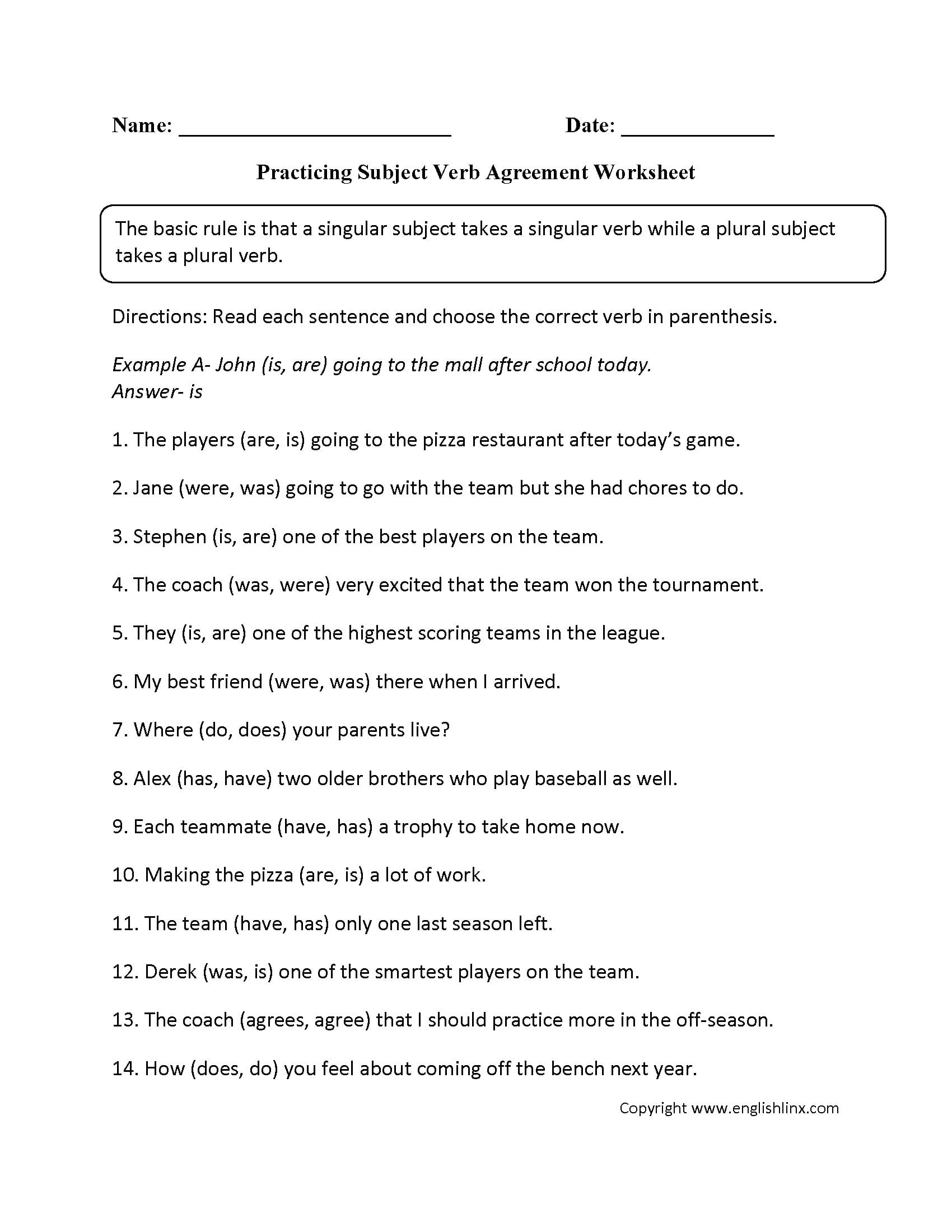 Word Usage Worksheets  Subject Verb Agreement Worksheets In Subject Verb Agreement Practice Worksheets