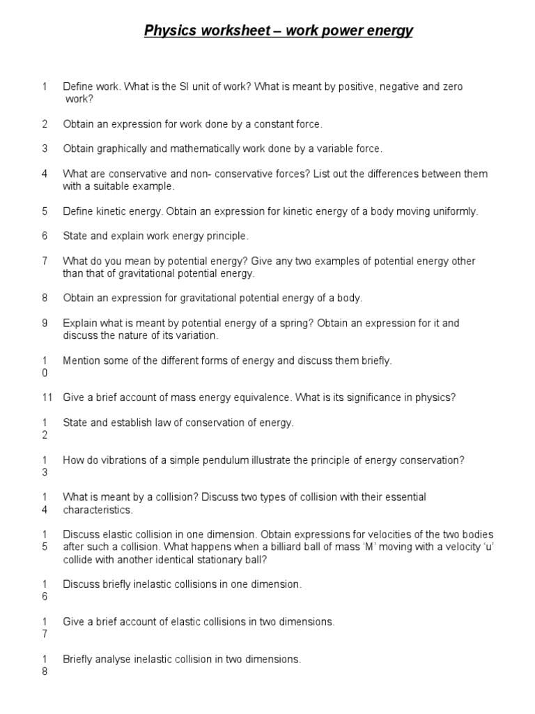 Work And Power Worksheet Work Worksheets Physics Or Work And Energy Worksheet