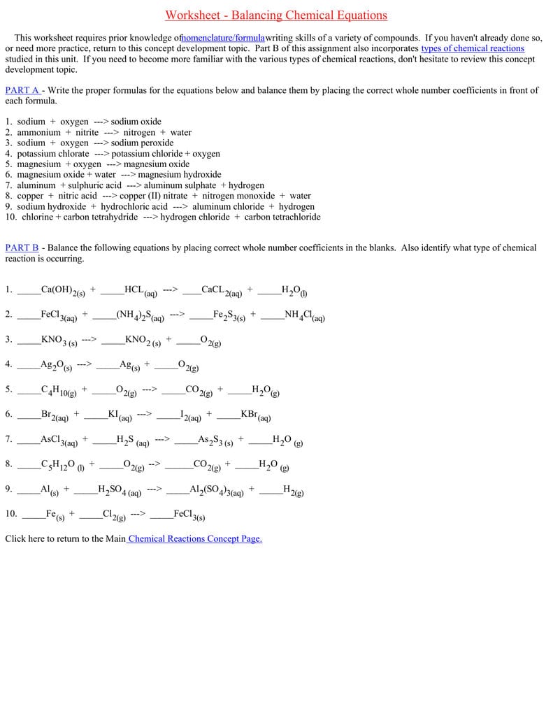 Worksheet Balancing Chemical Equations Within Chemical Equations And Reactions Worksheet