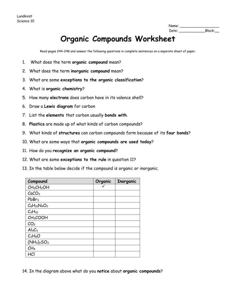 Worksheet Organic Compounds Or Organic Chemistry Worksheet With Answers