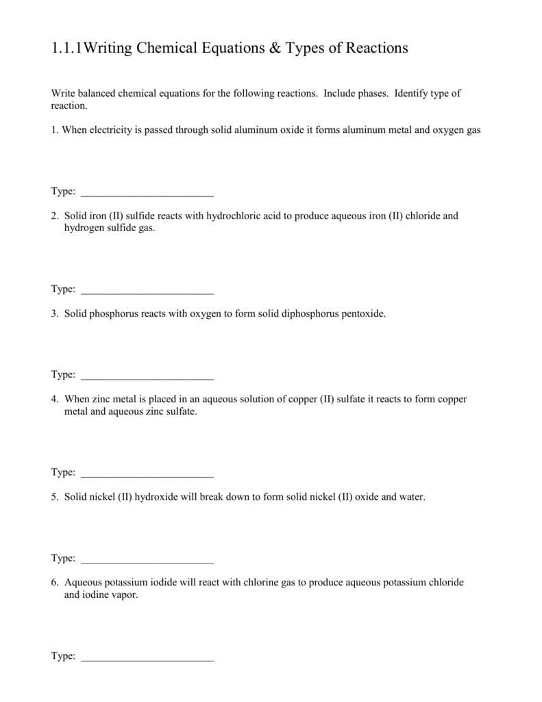 Writing Chemical Equations  Types Of Reactions Within Chemical Equations And Reactions Worksheet